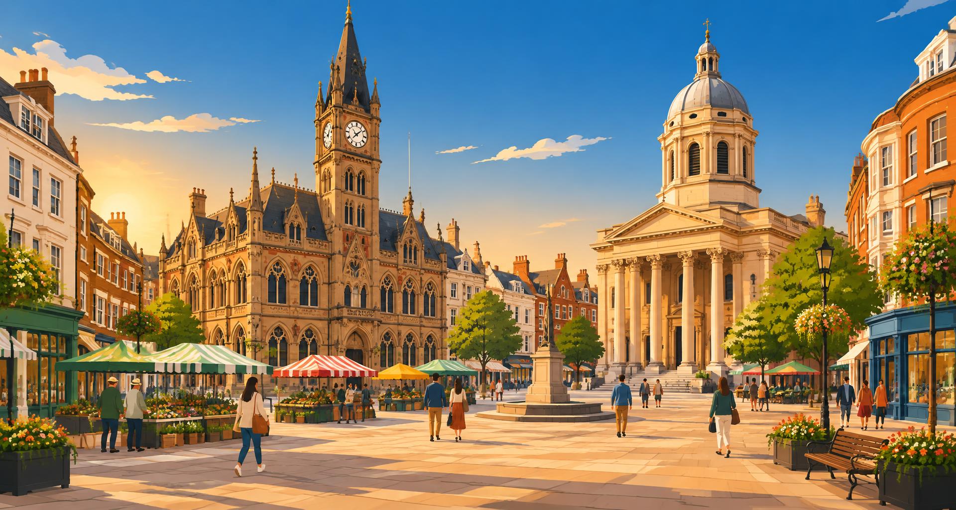 Artist's impression of Northampton's Market Square with the Guildhall, All Saints' Church and independent shopfronts